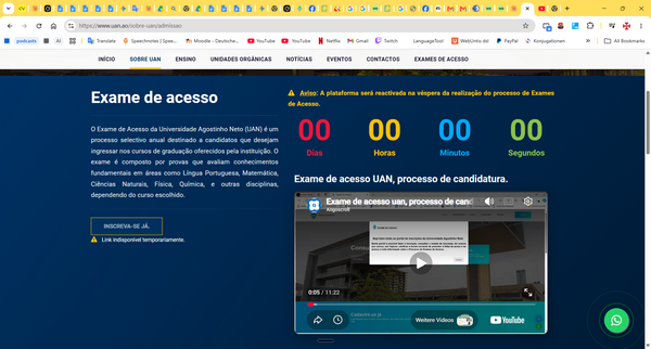 Tela de site de exame de acesso com contagem regressiva e vídeo de processo de candidatura.