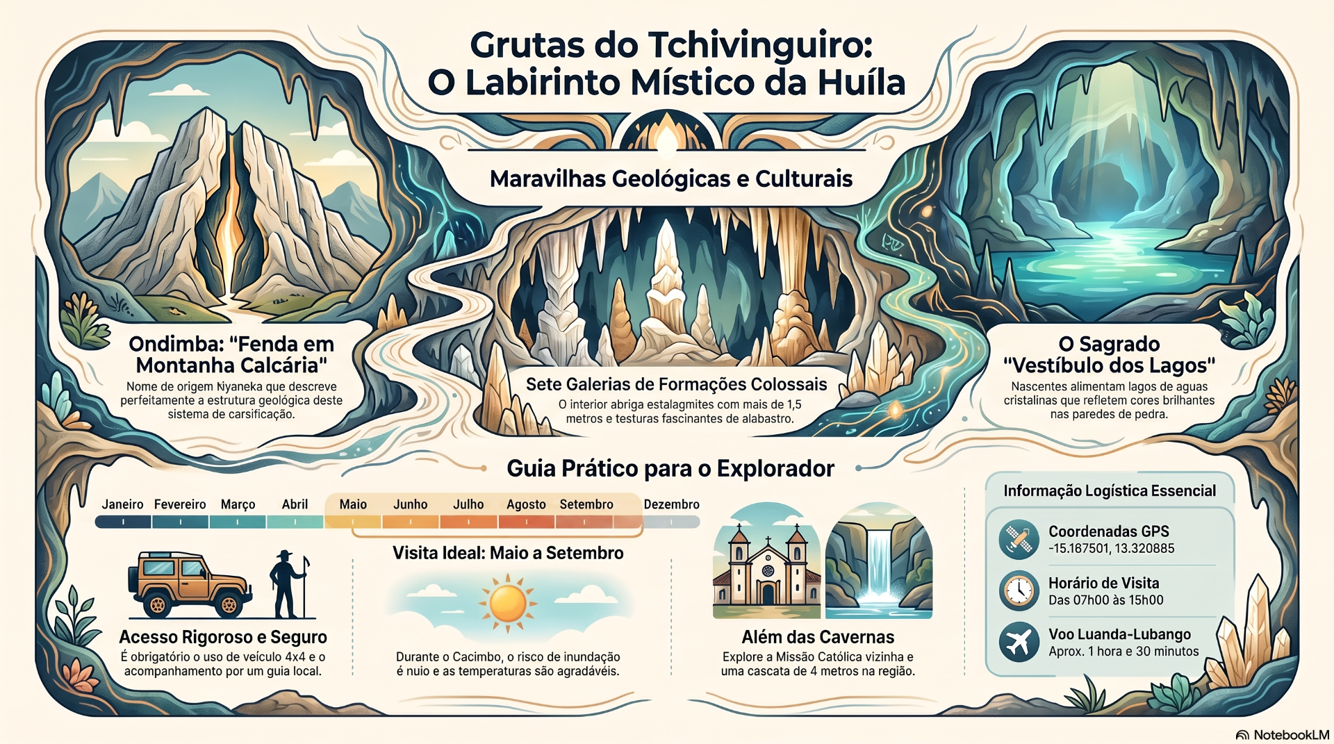 Infográfico ilustrado de grutas com cavernas, rios subterrâneos, textos e calendário de visita ideal.