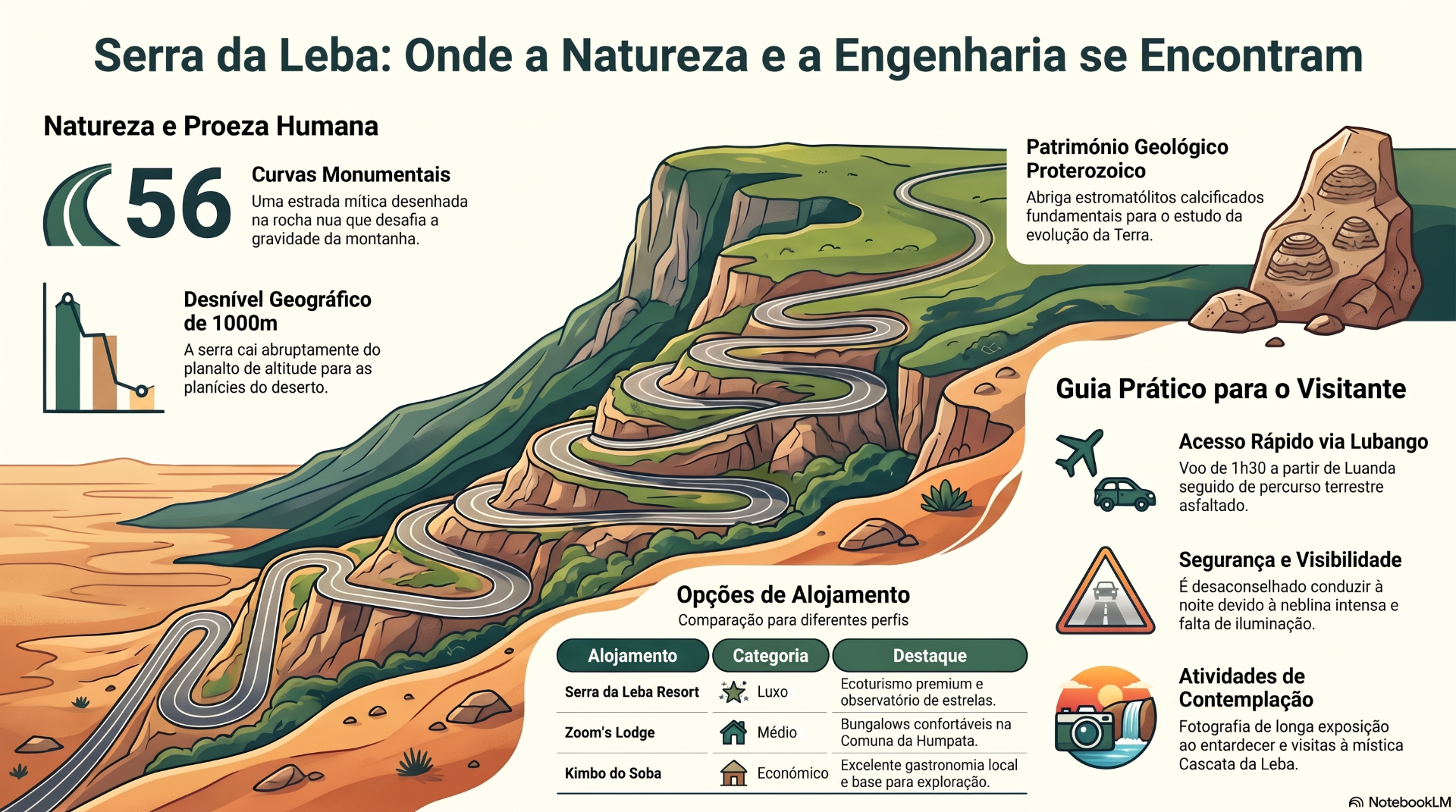 Ilustração infográfica da Serra da Leba com estrada sinuosa, rochas, desnível e dicas de visita.