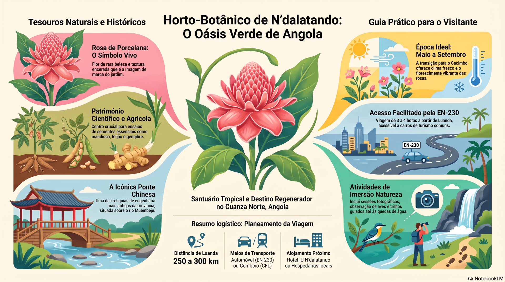 Infográfico colorido sobre o Horto-Botânico de N’dalatando, com flores, ponte chinesa, estrada EN-230 e atividades na natureza.