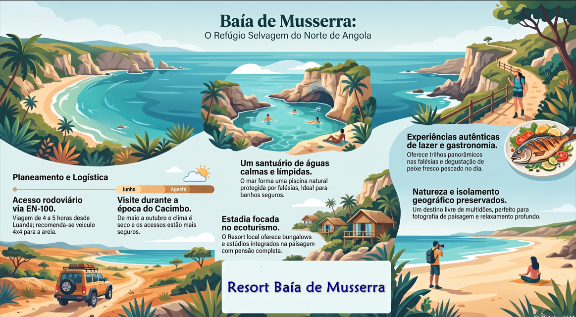 Ilustração turística da Baía de Mussserra com praia, falésias, pessoas, texto informativo e prato de peixe.
