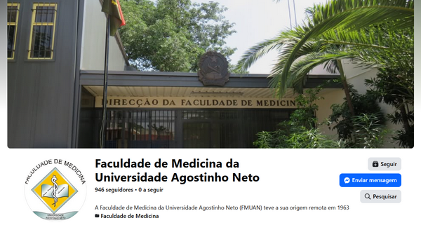 Entrada de faculdade com placa “Direcção da Faculdade de Medicina” e vegetação tropical ao redor.
