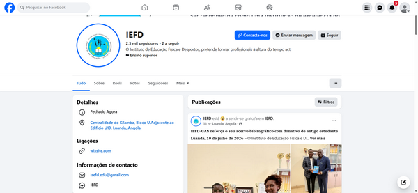 Página de perfil do Facebook do IEFd, com seções Detalhes e Publicações visíveis na tela.