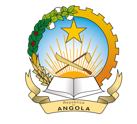 Brasão de Angola com estrela dourada, engrenagem amarela, livro aberto, folhas e faixa “República de Angola”.
