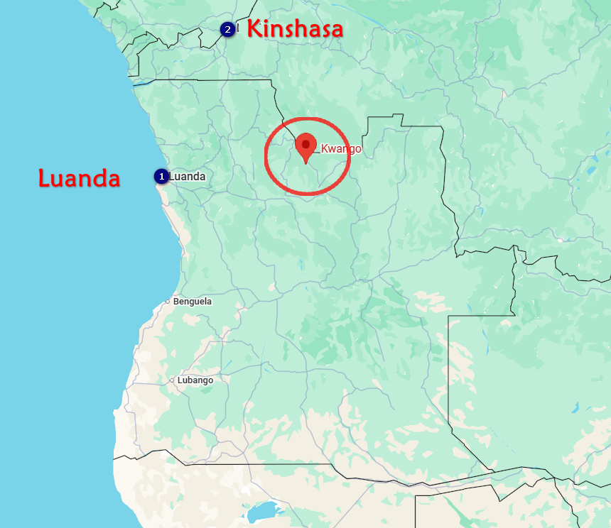 Mapa da República Democrática do Congo com marcadores em Luanda, Kinshasa e Kwango circulado em vermelho.