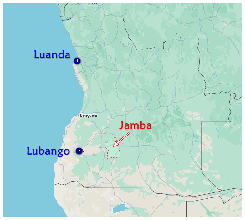 Map of Angola highlighting Jamba near Lubango and Luanda with numbered markers and a red arrow.