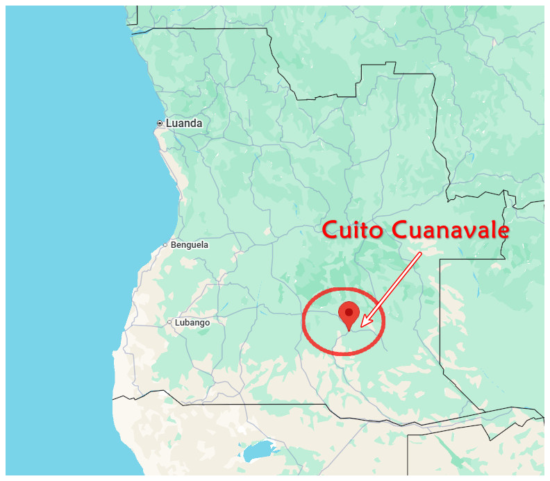 Map of Angola highlighting Cuito Cuanavale with a red circled marker and arrow.