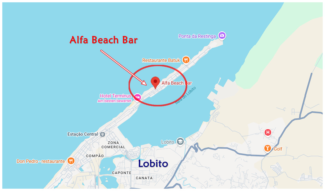 Map showing Alfa Beach Bar location near Lobito, with nearby landmarks and highlighted route.