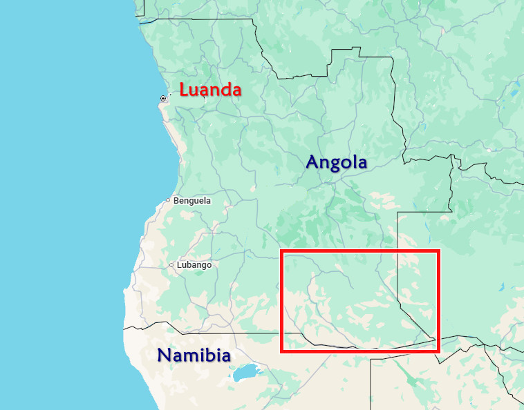 Map of Angola highlighting Luanda and Namibia, with a red outlined inset region.