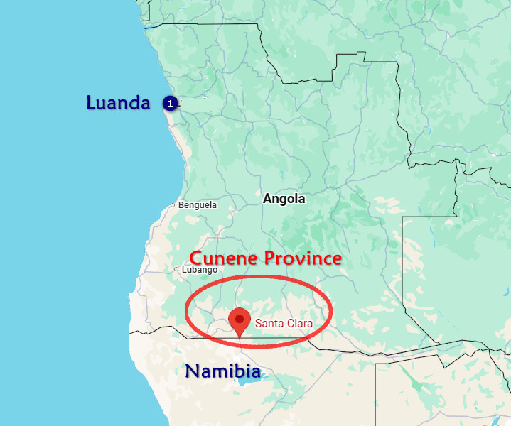 Map of Angola highlighting Santa Clara in Cunene Province with red marker and circled region.