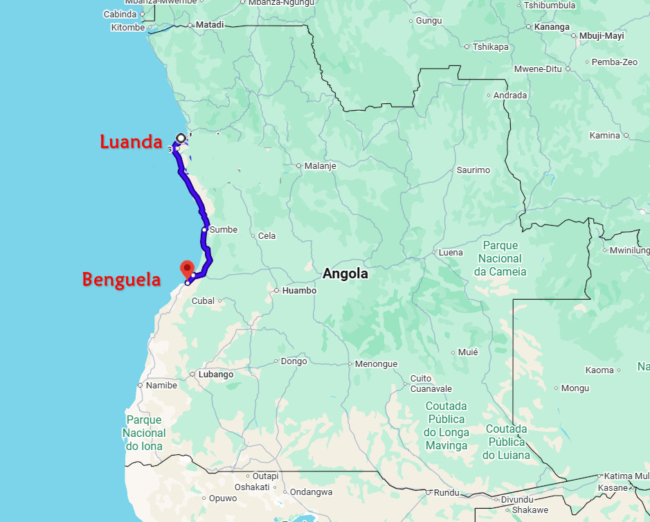 Map of Angola highlighting Luanda and Benguela with a blue route line along the coast.