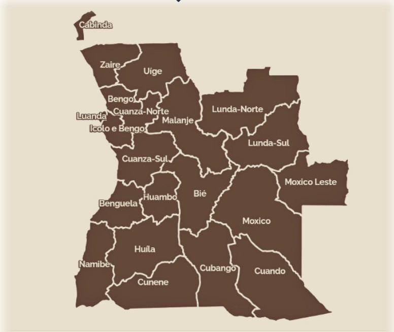 Mapa de Angola com províncias destacadas, incluindo Cabinda, Luanda, Benguela, Huíla, Moxico e Cuando.