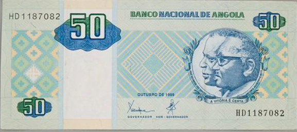 Nota bancária de 50 kwanzas do Banco Nacional de Angola, com retrato e padrões geométricos.