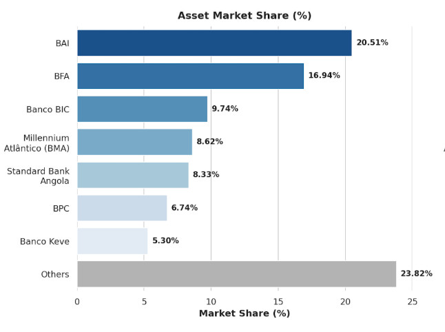 Angola Banking - Horizontal bar chart showing asset market share percentages for banks, with BAI highest at 20.51%.