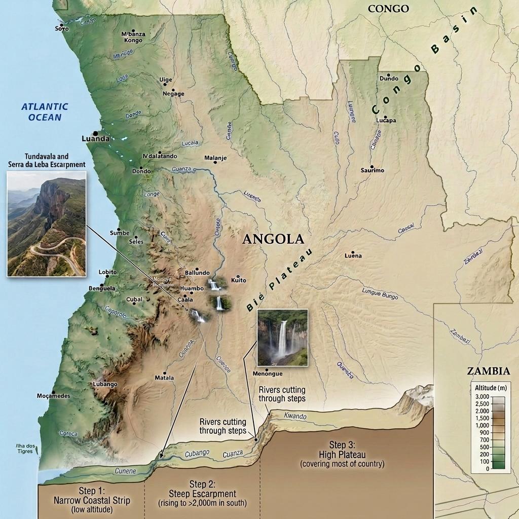 Map of Angola showing regions, rivers cutting steps, and inset photos of waterfalls and escarpments.