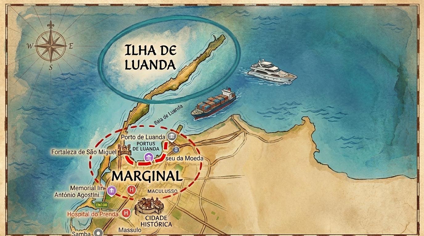 Map illustration of Luanda, Angola, showing coastline, ships, and labeled landmarks around Marquinal area.