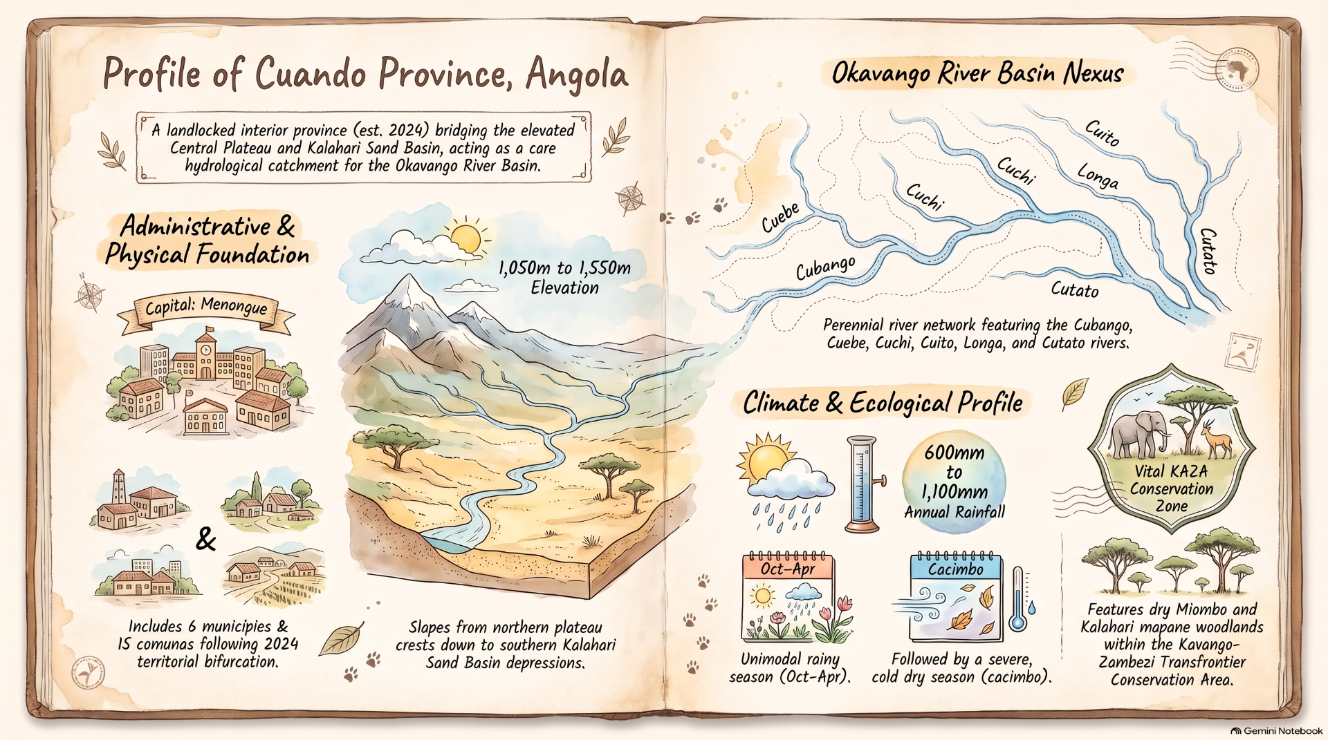Hand-drawn infographic map showing Cuando Province, Angola, with river basin, climate icons, and conservation zone details.