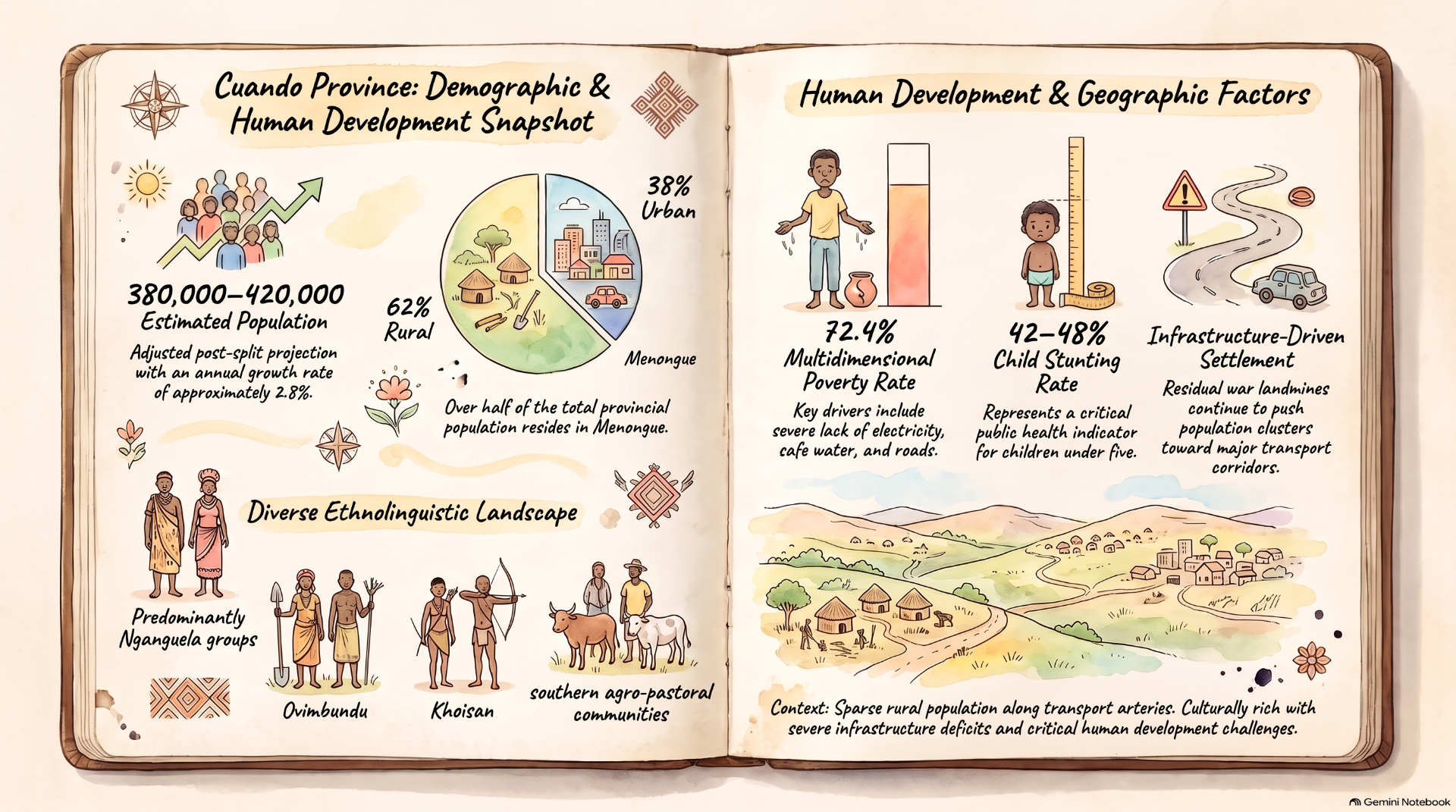 Open illustrated book spread showing demographic and human development statistics with rural-urban pie chart and icons.
