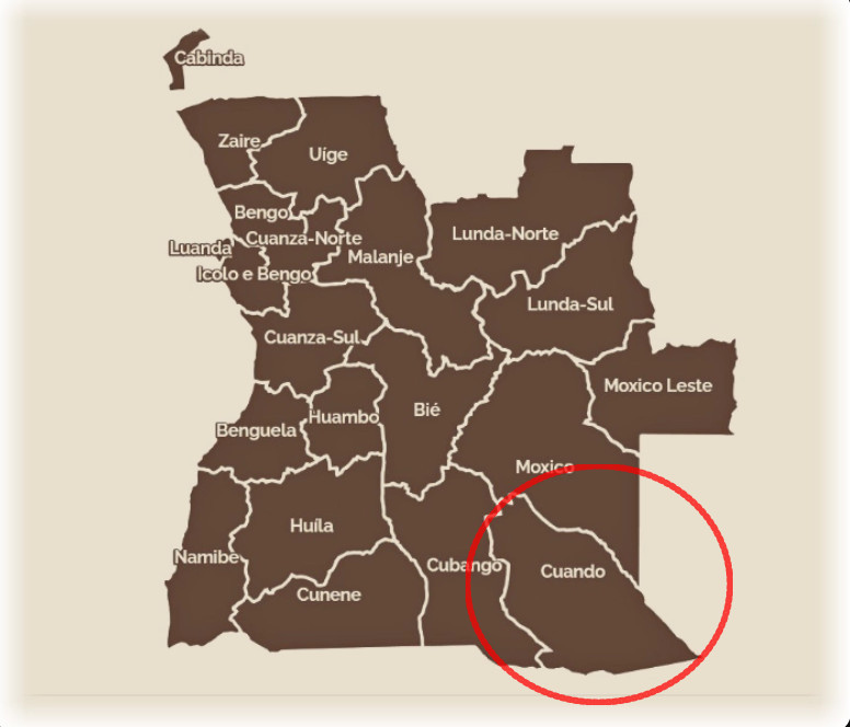 Map of Angola highlighting Cuando province with a red circle, showing surrounding regions and borders.