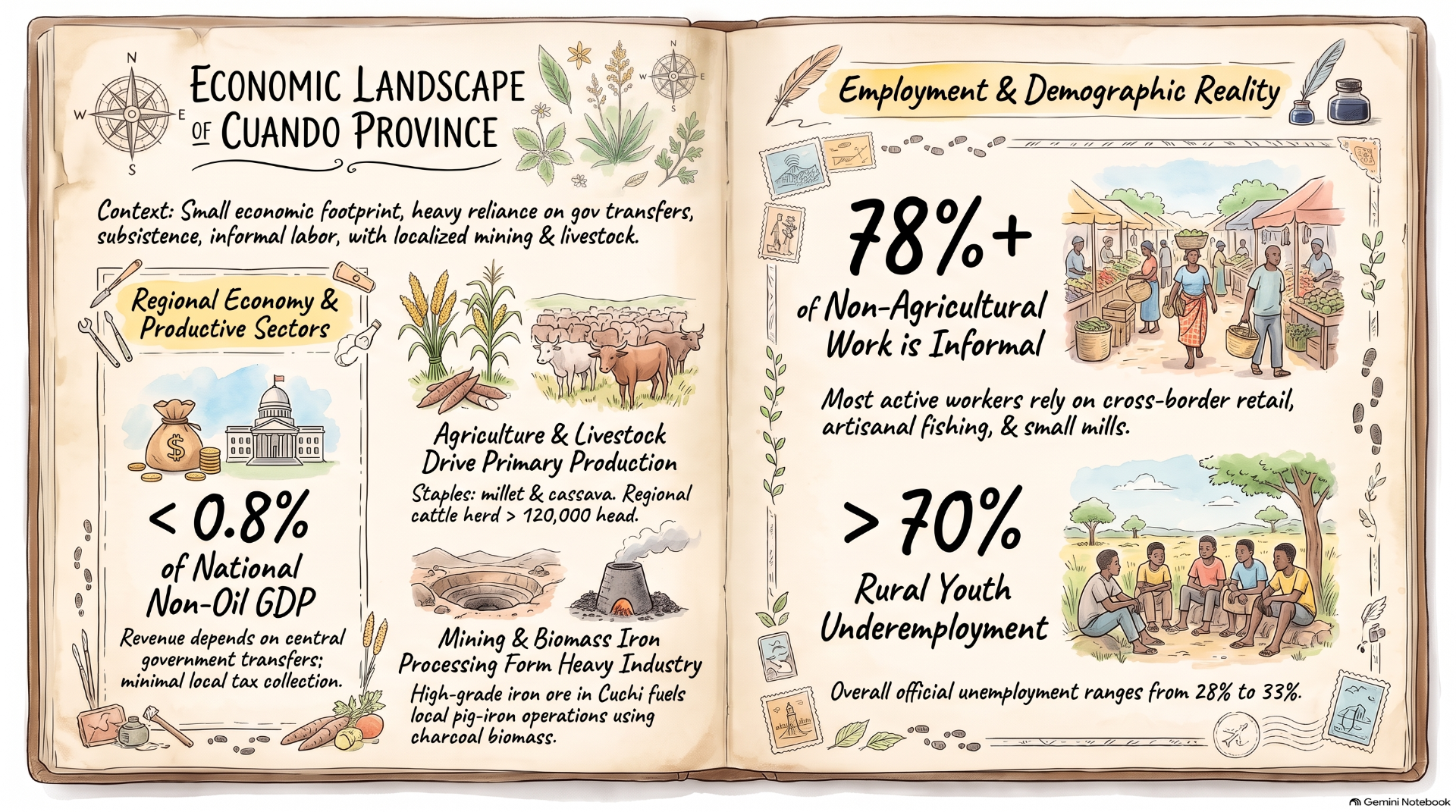 Open illustrated report showing “Economic Landscape of Cuando Province” with employment statistics and rural market scenes.