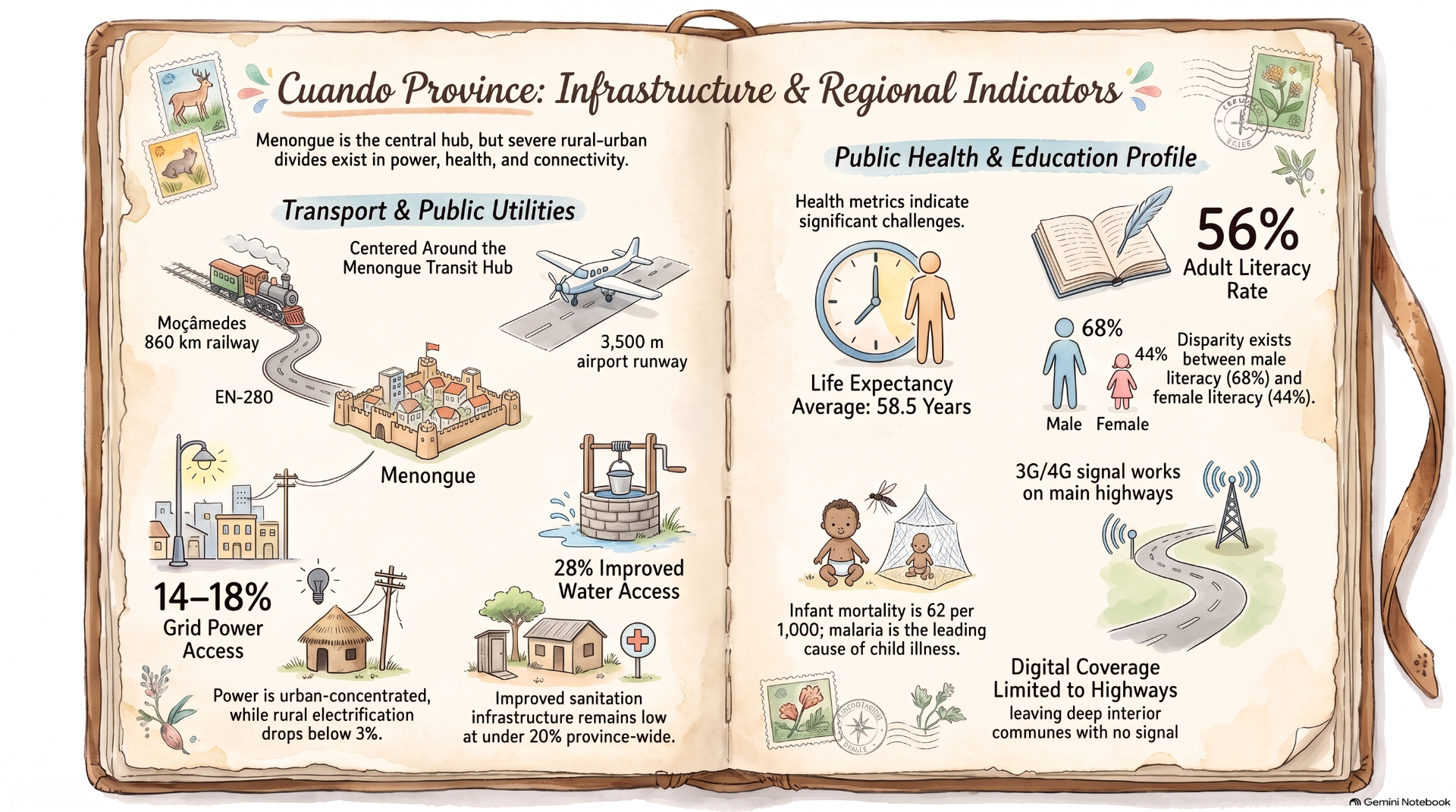 Illustrated open booklet infographic showing infrastructure and public health statistics for Menongue province.