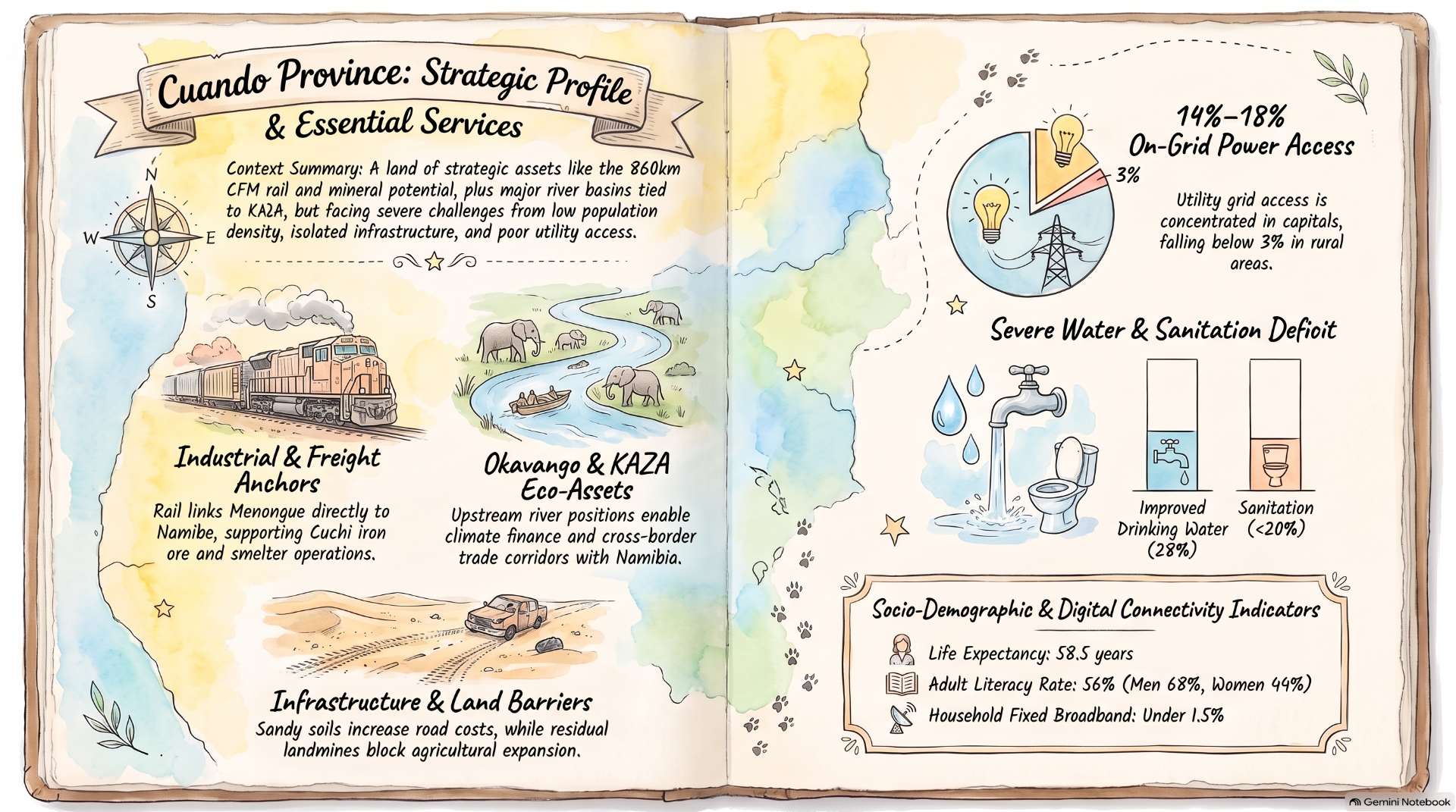 Watercolor infographic map of Cuando province with icons, statistics, and sections on infrastructure and services.