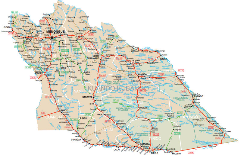 Detailed map showing cities, roads, and rivers across Cuando Cubango in Angola