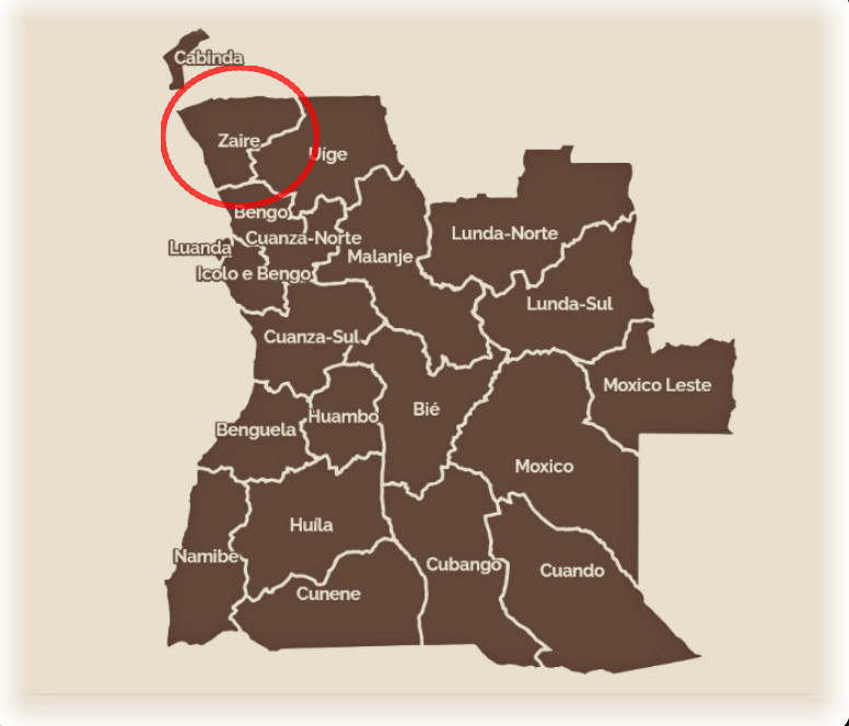 Mapa de Angola com províncias destacadas, incluindo Cabinda e Zaire em destaque com círculo vermelho.