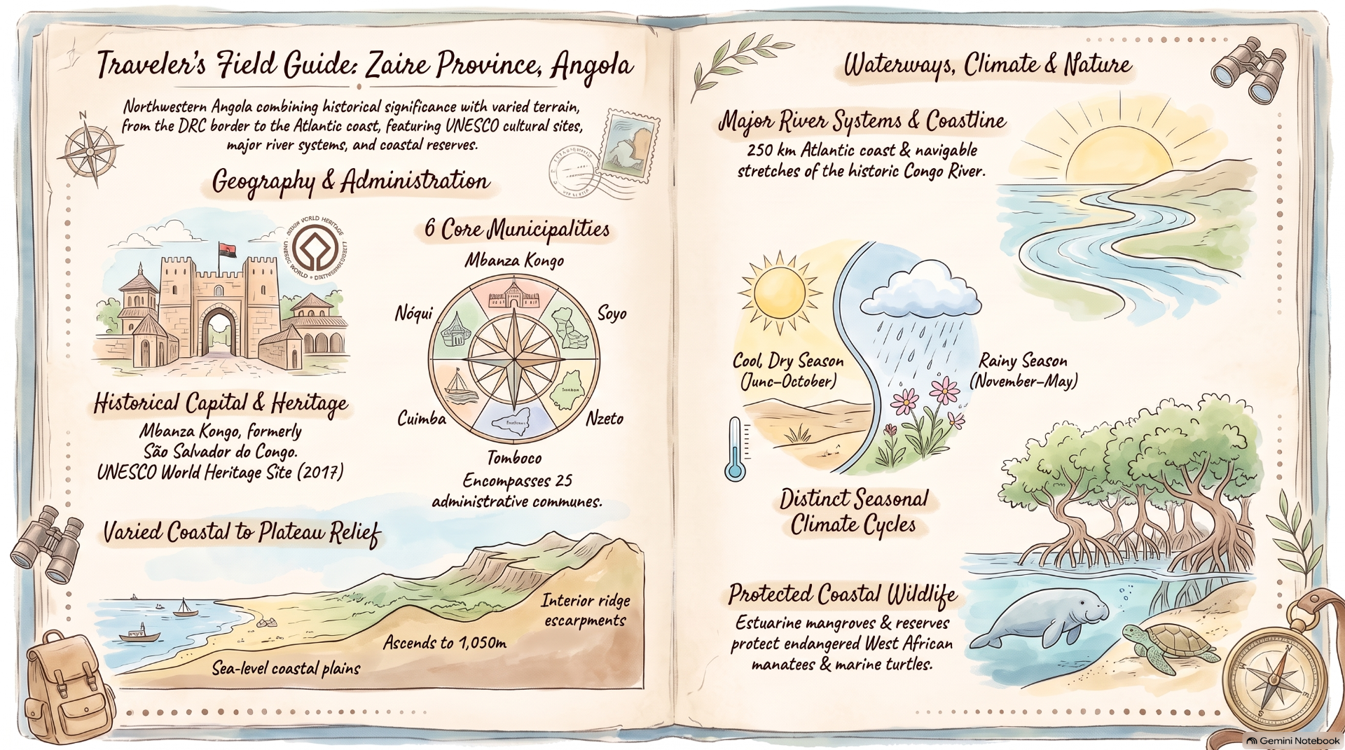 Hand-drawn travel guide spread about Angola’s Zaire province, showing rivers, seasons, wildlife, and heritage landmarks.