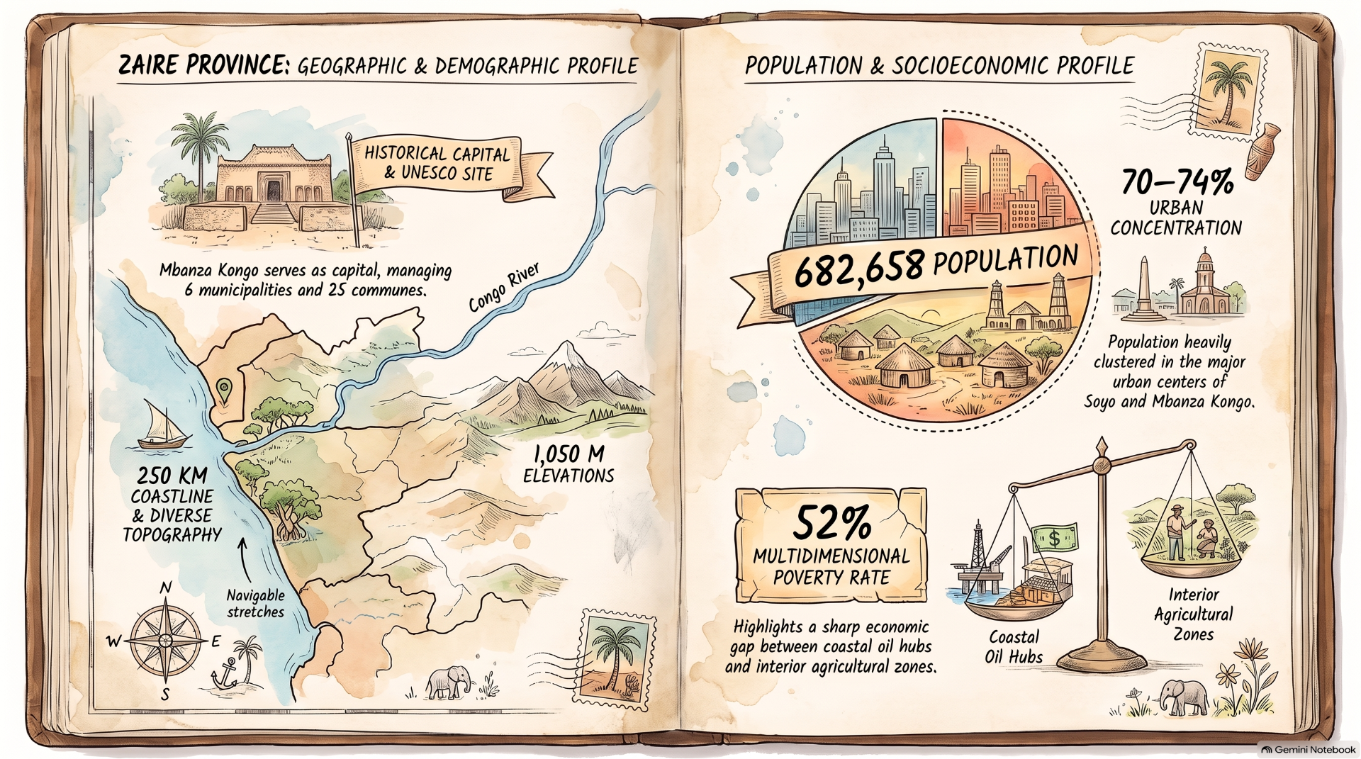 Hand-drawn infographic map of Zaire Province with population, urban concentration, poverty rate, and geographic features.