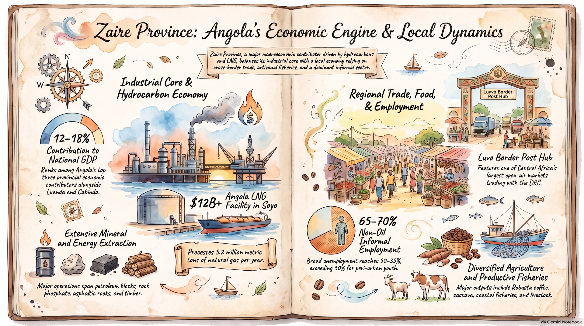 Open illustrated booklet page titled Zaire Province, showing industry, trade market, oil and gas, agriculture, and fisheries.