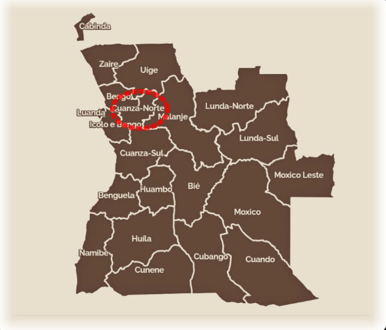 Map of Angola with Kwanza Norte province labeled,