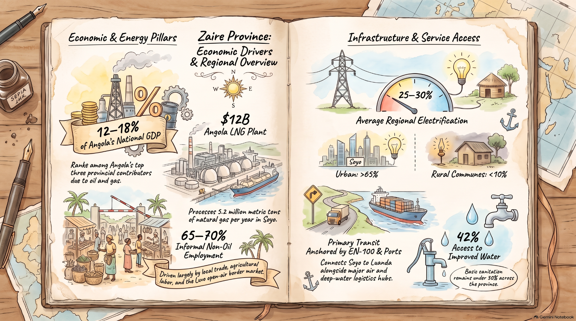 Illustrated two-page infographic map showing Zaire Province economic drivers and infrastructure electrification statistics.
