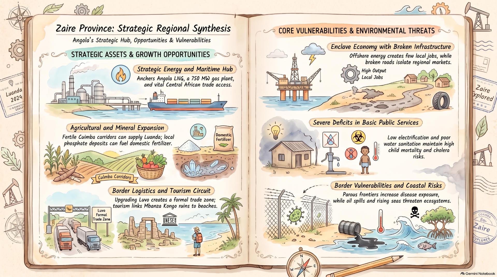 Illustrated infographic titled “Zaire Province: Strategic Regional Synthesis” showing energy, agriculture, infrastructure deficits, and coastal risks.